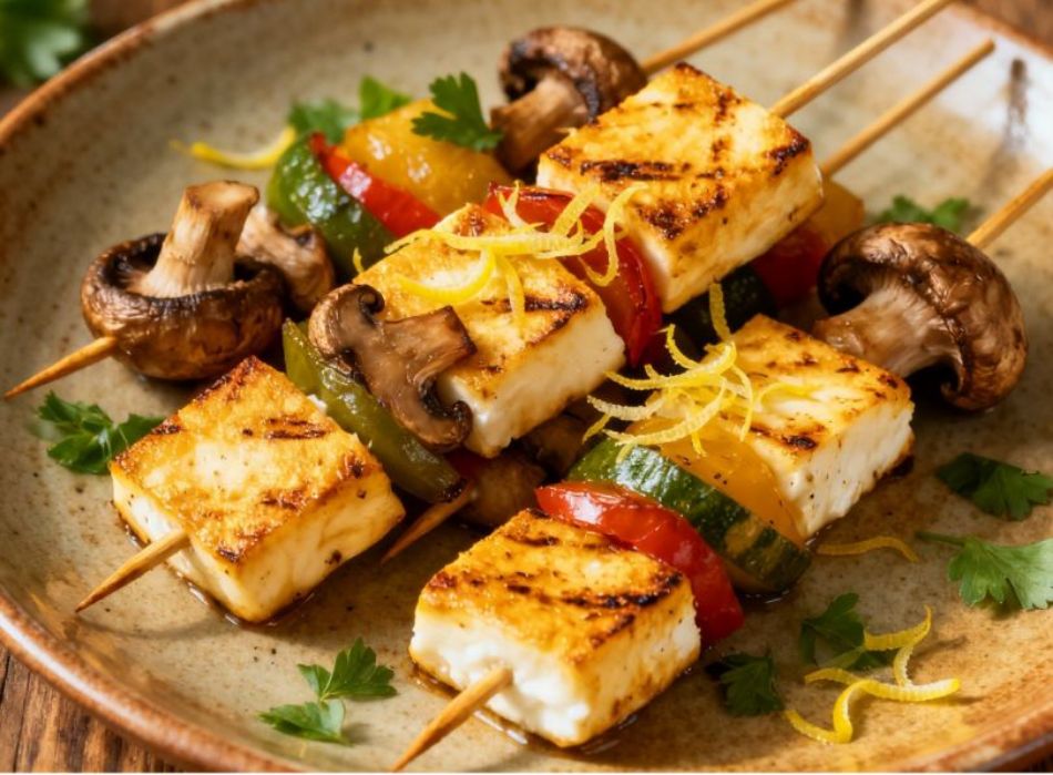Halloumi and mushroom skewers: perfect BBQ
